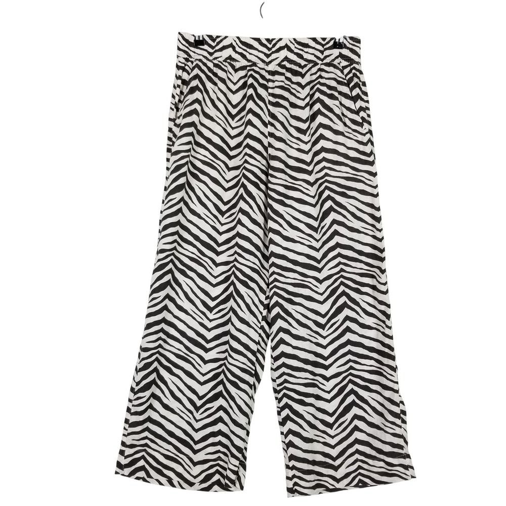 Tahari Linen Pants Women Medium Black White Zebra Print Wide Leg Elastic Waist